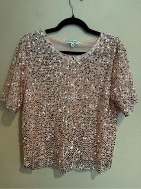 DAVI & DANI Blush Rose Gold Sequin Short Sleeve Top All Over Sparkle!